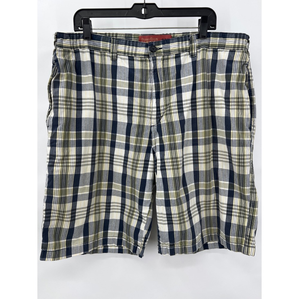 Perry Ellis America Plaid Shorts Navy Blue Olive‎ Green 100% Cotton 38W Preppy